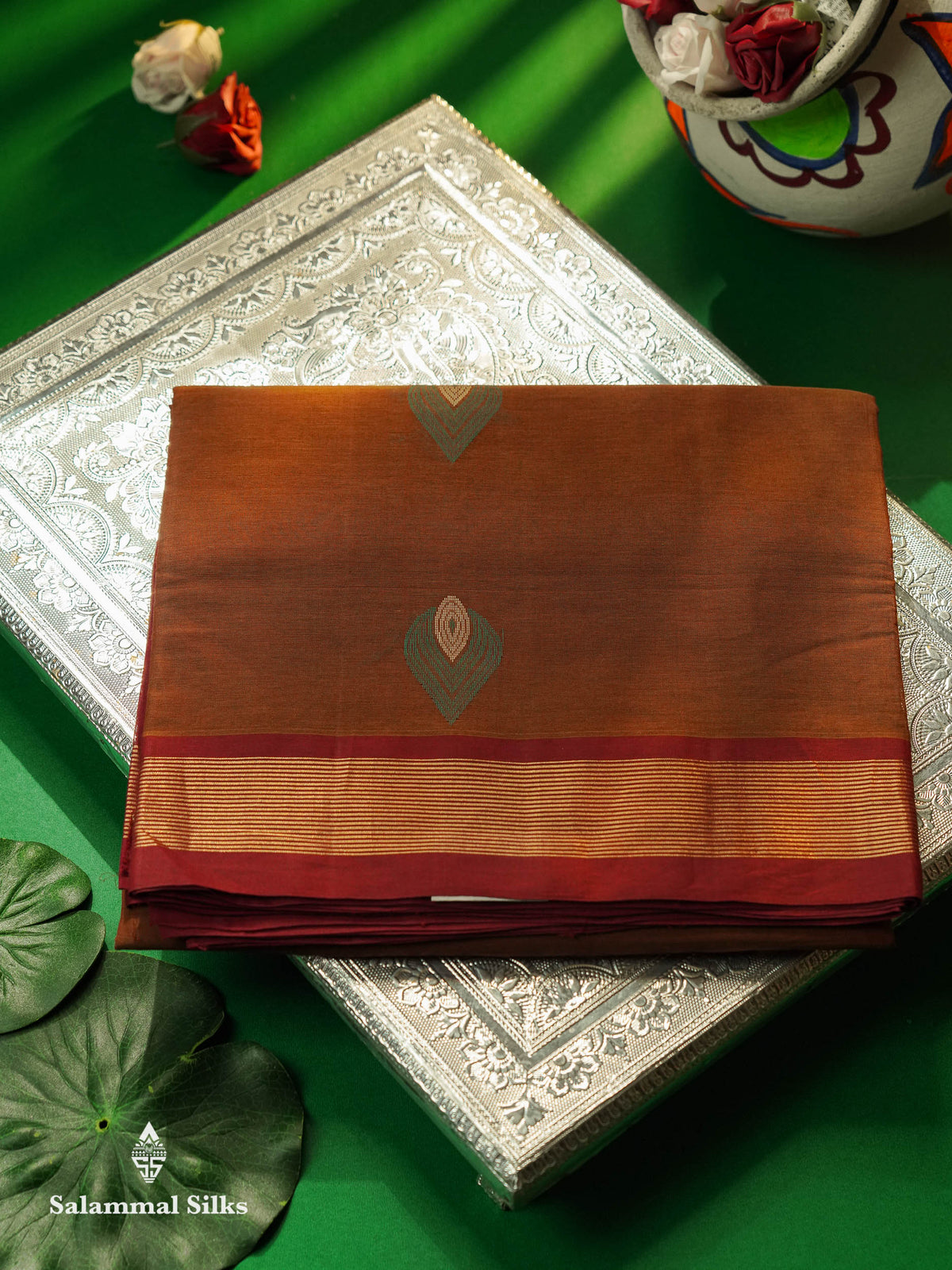 Beautiful Rust Orange Thread Buttas Handloom Pure Cotton Saree With Maroon Small Border