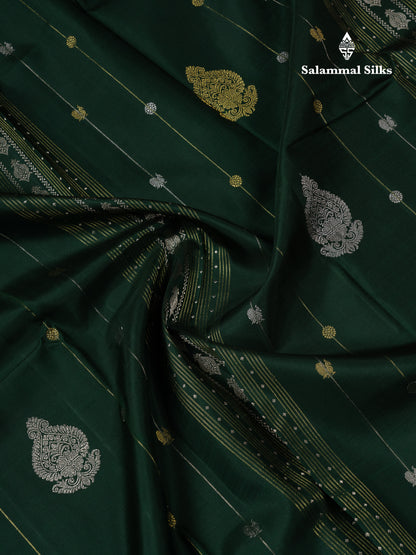 Beautiful Bottle Green Fancy Pure Kanjivaram Silk Saree With Contrast Pinkish Orange Blouse