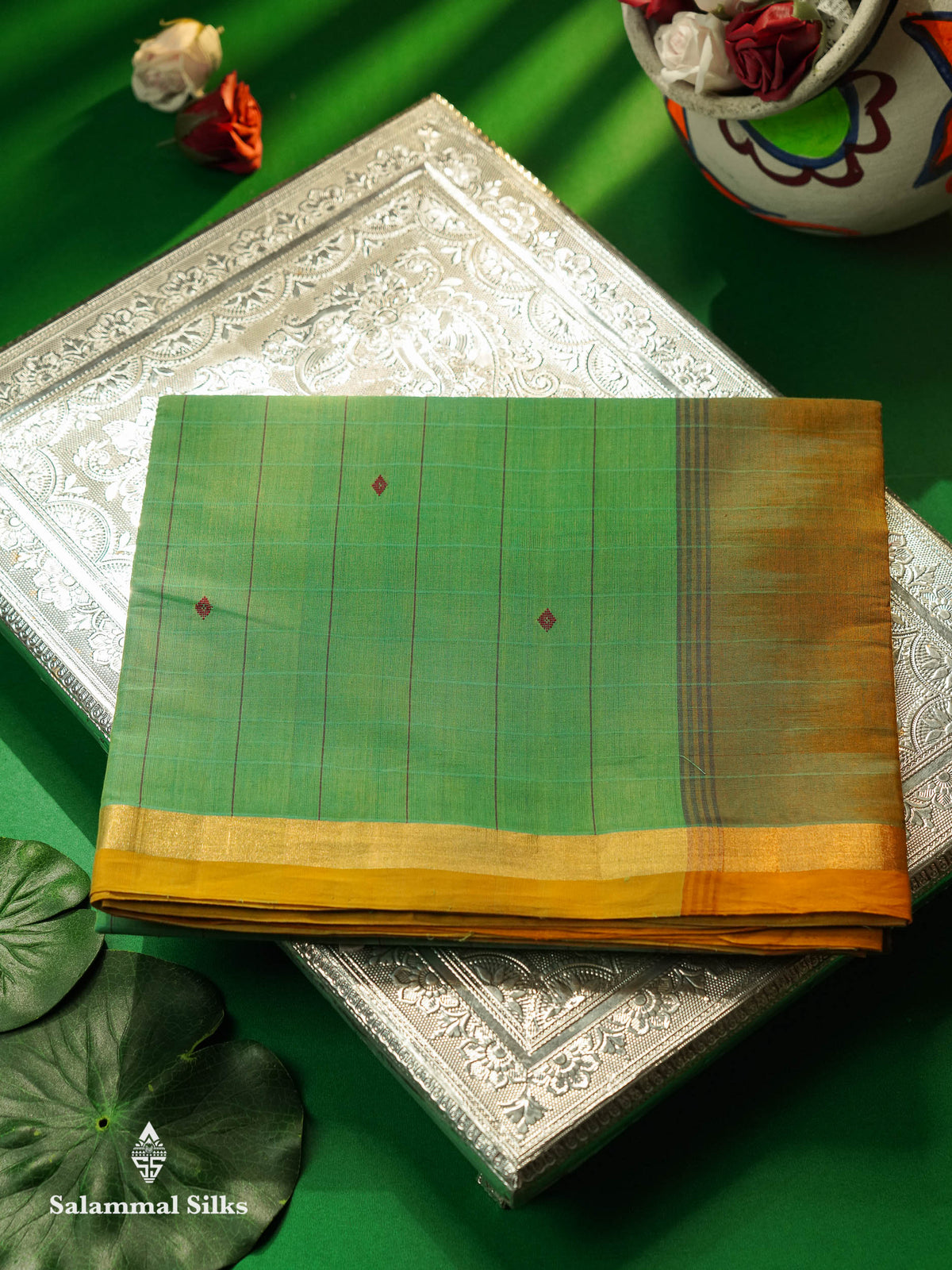 Beautiful Sapphire Green Thread Buttas And Lines Handloom Pure Cotton Saree With Yellow Small Border