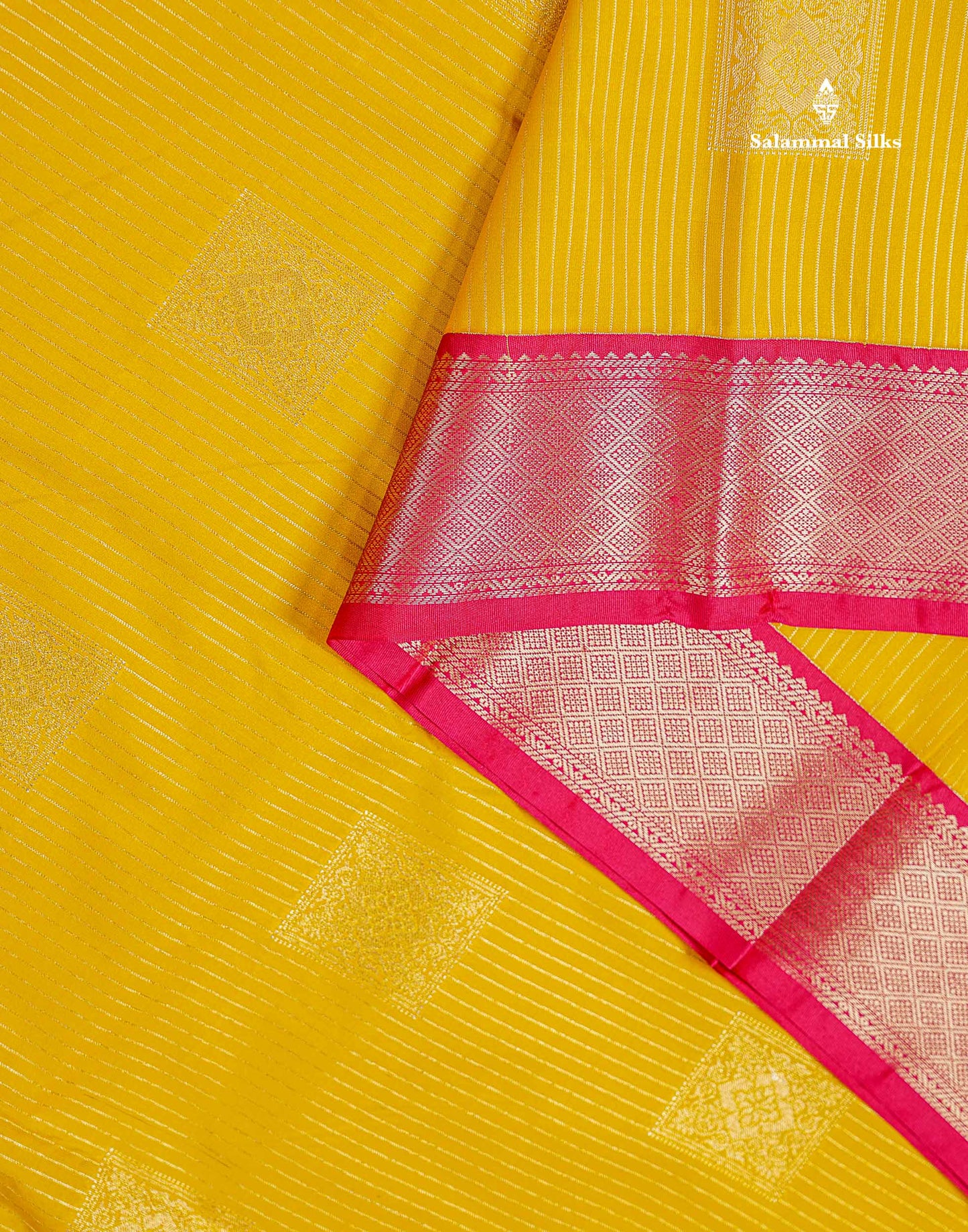 Semi Silk Saree - Yellow Butta With Lines Along With Contrast Redish Pink Traditional Evening Morning Border