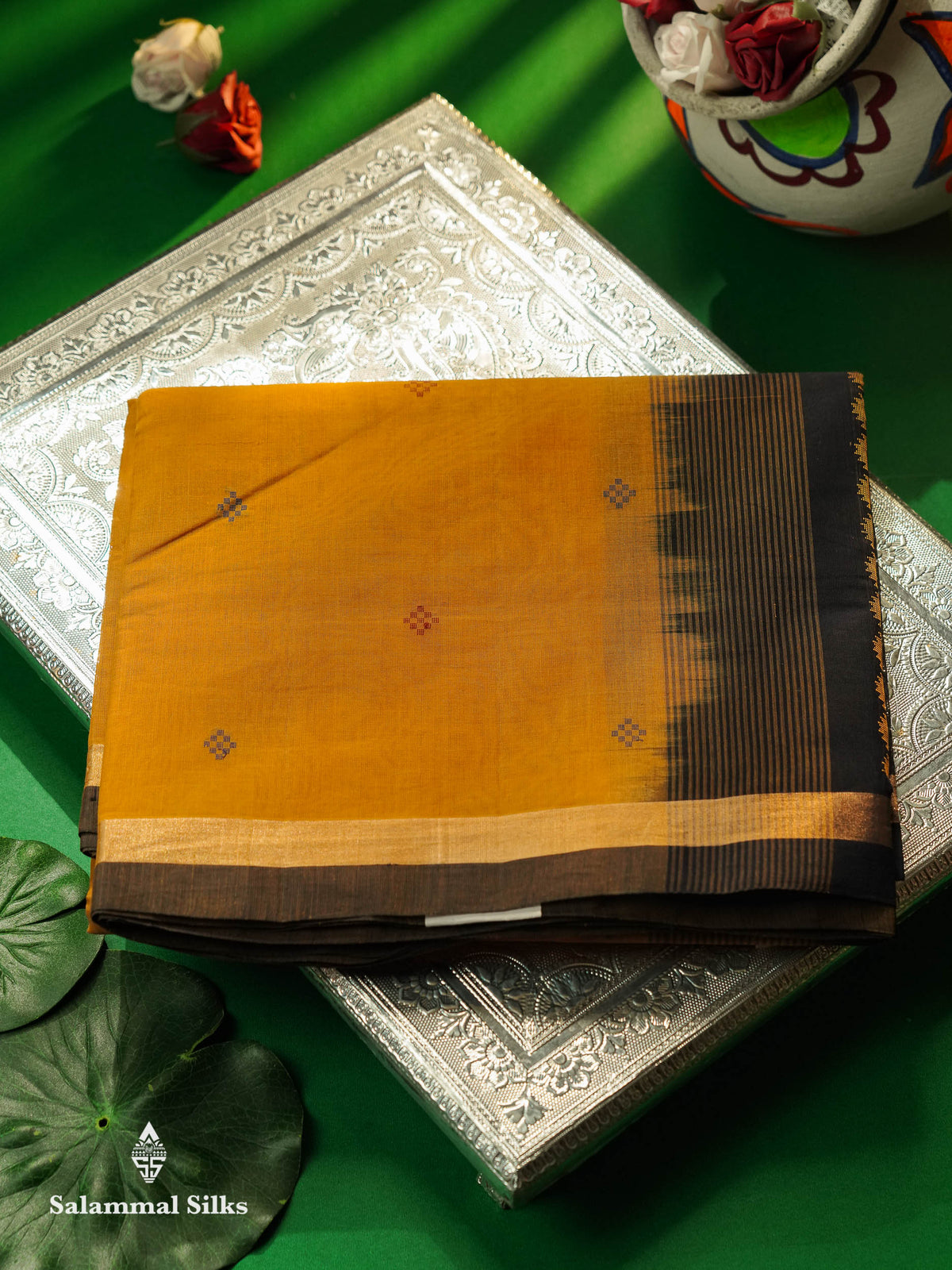 Beautiful Yellow Thread Buttas Handloom Pure Cotton Saree With Navy Blue Border