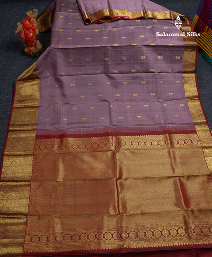 Beautiful Light Violet Pure Kanjivaram Silk Saree With Contrast Maroon Traditional Evening Morning Border