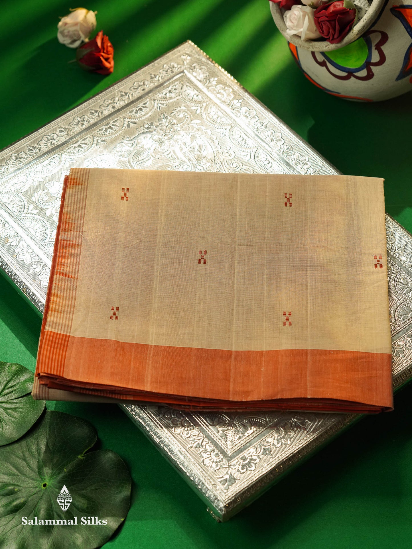 Beautiful Sandal Thread Buttas Handloom Pure Cotton Saree With Orange Border