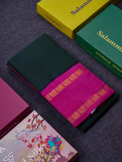 Beautiful Bottle Green Sungudi Cotton Saree With Contrast Magenta Pink Traditional Rettapet Border