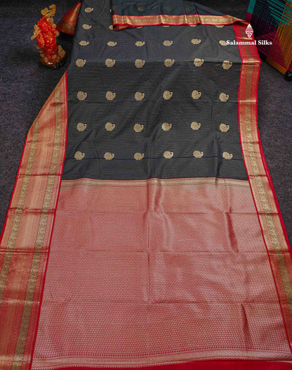 Semi Silk Saree -  Pista Green Zari Lines Butta With Contrast Redish Pink Traditional Evening Morning Border