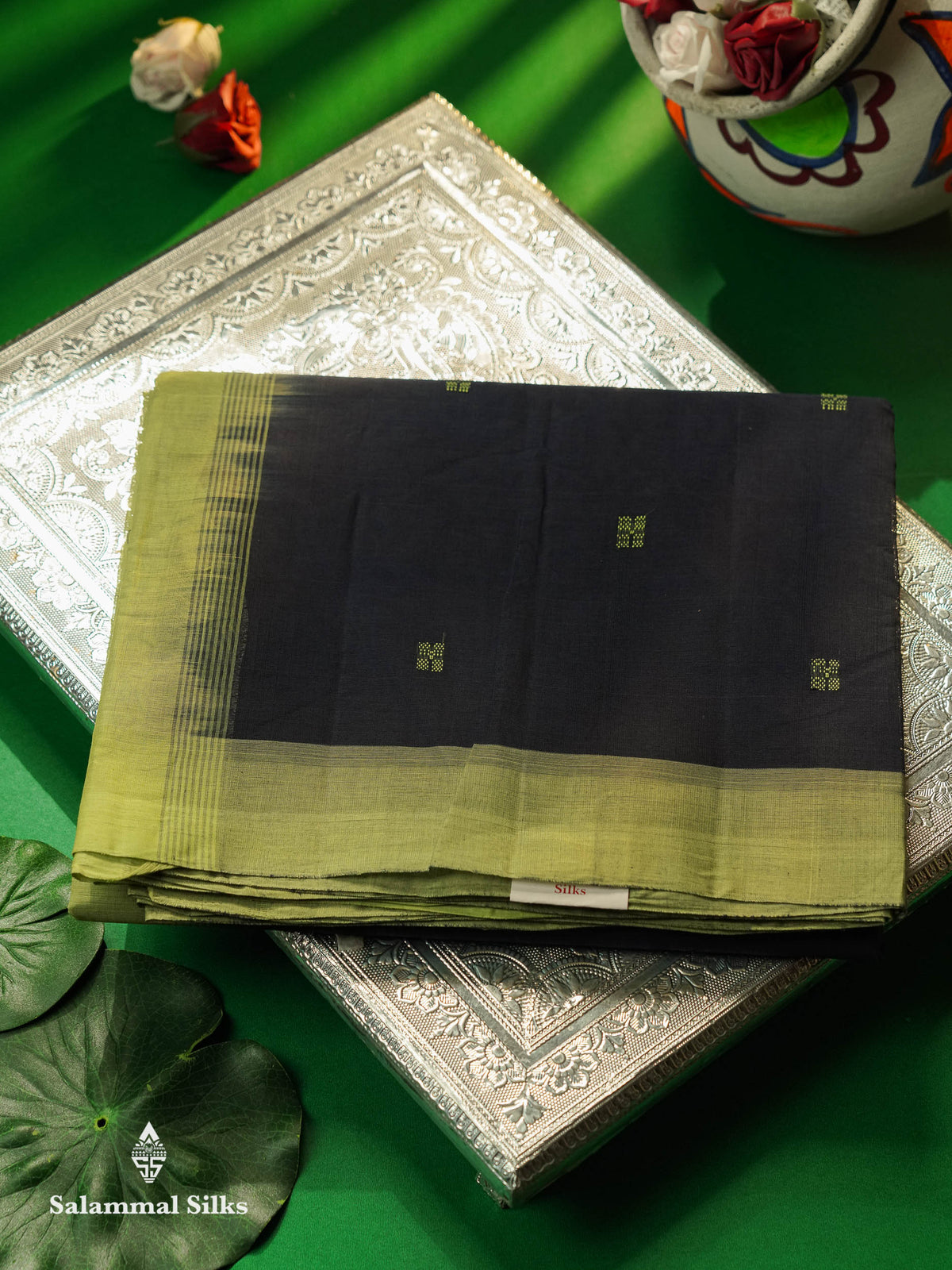 Beautiful Navy Blue Thread Buttas Handloom Pure Cotton Saree With Light Parrot Green Border