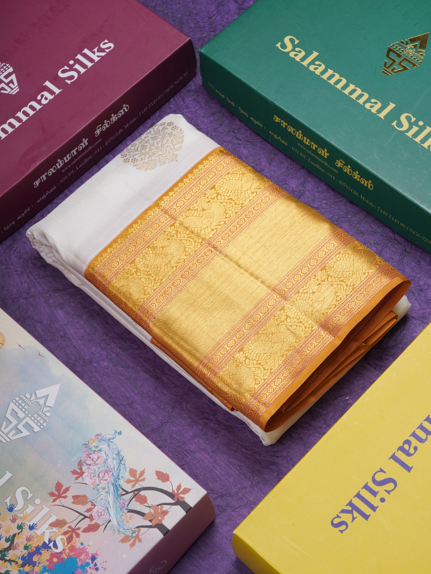 Half White Korvai Beautiful Pure Kanjivaram Silk Saree with Contrast Mustard Yellow Traditional Border