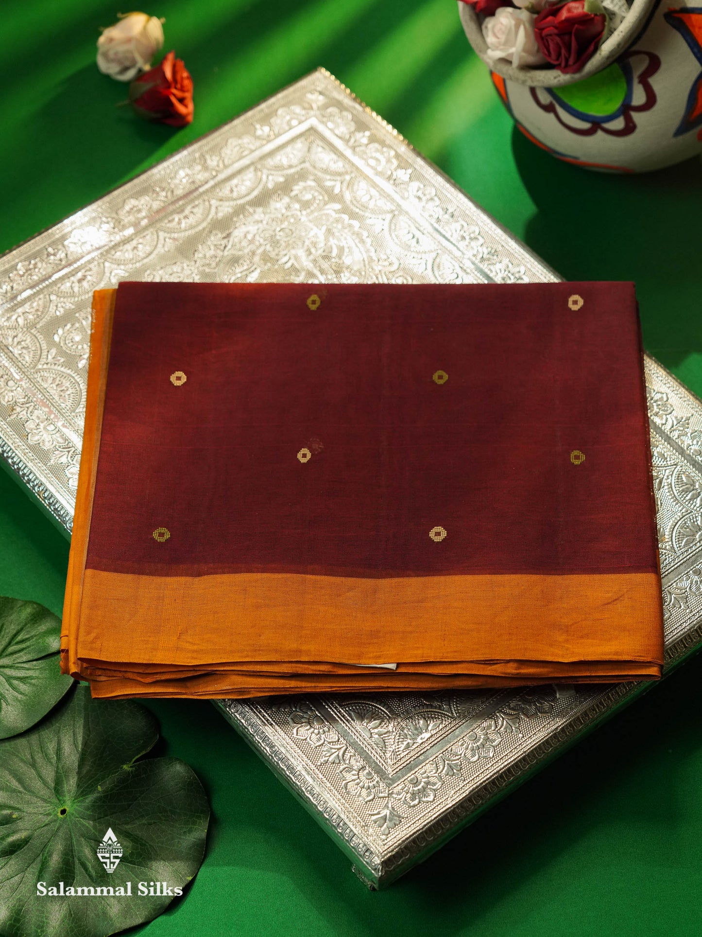 Beautiful Dark Brown Thread Work Butta Pure Cotton Saree With Contrast Dark Sandal Border