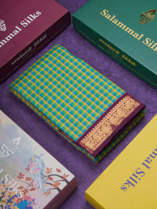 Multi Color Small Check Kanjivaram Pure Silk saree with Majentha Blouse