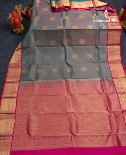 Beautiful Dual Tone Peacock Green Pure Kanjivaram Silk Saree With Contrast Pink Traditional Border