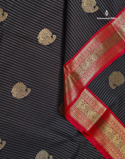 Semi Silk Saree -  Pista Green Zari Lines Butta With Contrast Redish Pink Traditional Evening Morning Border