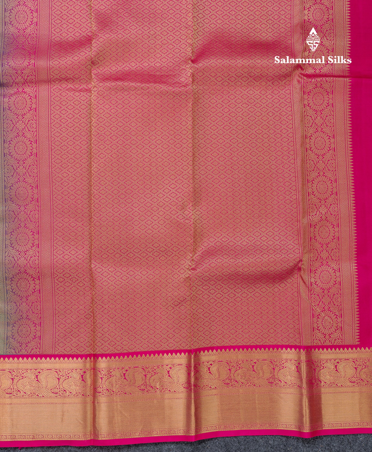 Beautiful Dual Tone Peacock Green Pure Kanjivaram Silk Saree With Contrast Pink Traditional Border