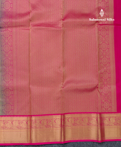 Beautiful Dual Tone Peacock Green Pure Kanjivaram Silk Saree With Contrast Pink Traditional Border