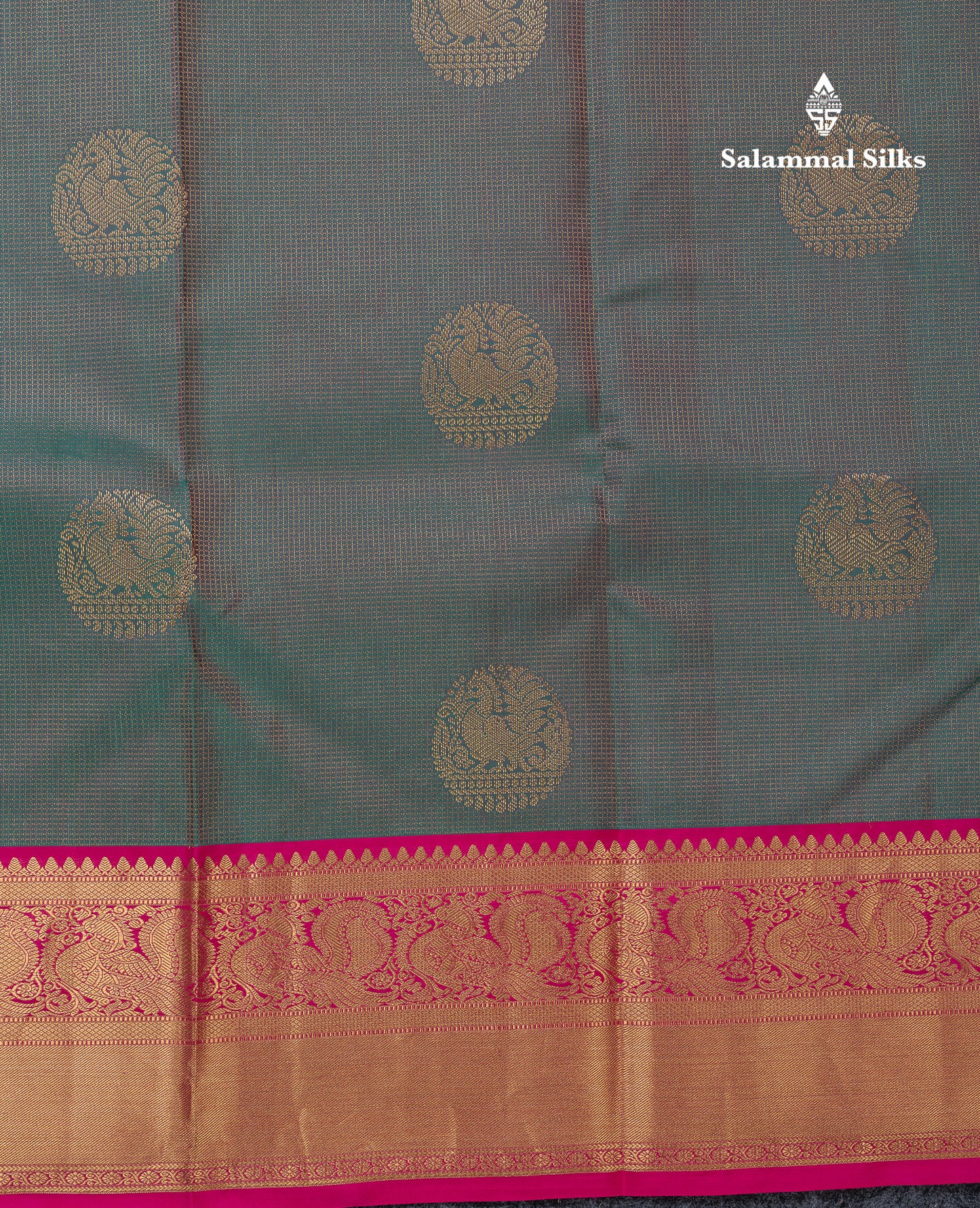 Beautiful Dual Tone Peacock Green Pure Kanjivaram Silk Saree With Contrast Pink Traditional Border