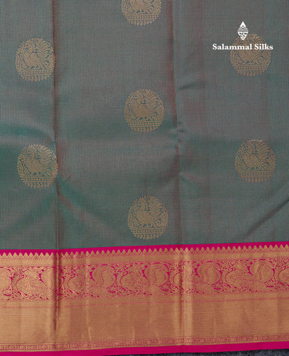 Beautiful Dual Tone Peacock Green Pure Kanjivaram Silk Saree With Contrast Pink Traditional Border