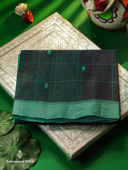 Beautiful Navy Blue Thread Buttas And Checks Handloom Pure Cotton Saree With Sapphire Blue Border