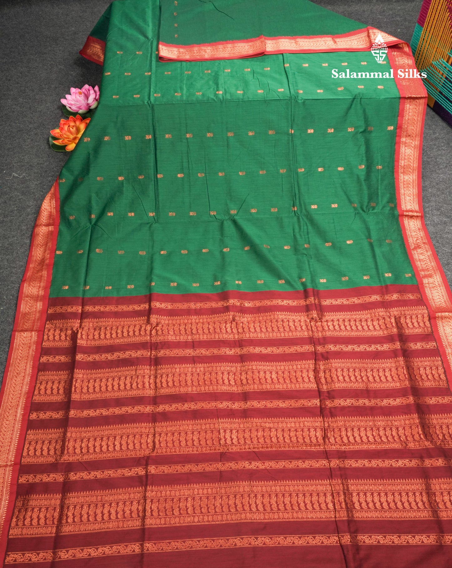 Bottle Green Kalyani Cotton Saree With Contrast Maroon Border