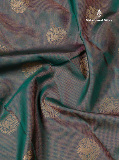 Beautiful Dual Tone Peacock Green Pure Kanjivaram Silk Saree With Contrast Pink Traditional Border