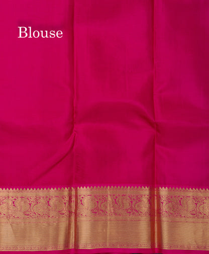 Beautiful Dual Tone Peacock Green Pure Kanjivaram Silk Saree With Contrast Pink Traditional Border
