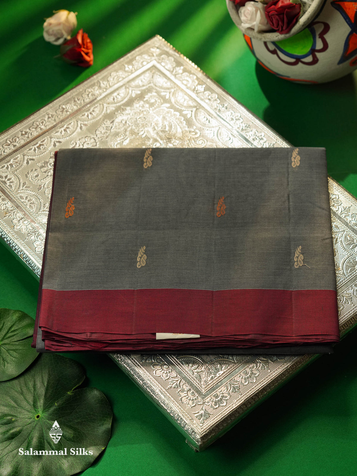 Beautiful Dual Tone Grey Thread Buttas Handloom Pure Cotton Saree With Maroon Border