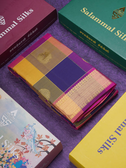 Paalum Pazham Checks Kanjivaram Pure Silk Saree With Contrast Pink Border