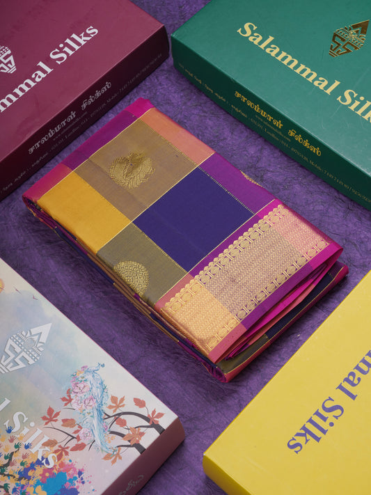 Paalum Pazham Checks Kanjivaram Pure Silk Saree With Contrast Pink Border