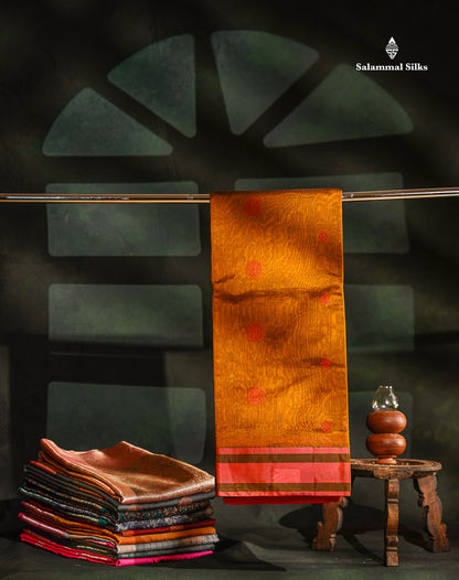 Beautiful Mustard Yellow Thread Butta Kota Cotton Saree With Contrast Peach Border