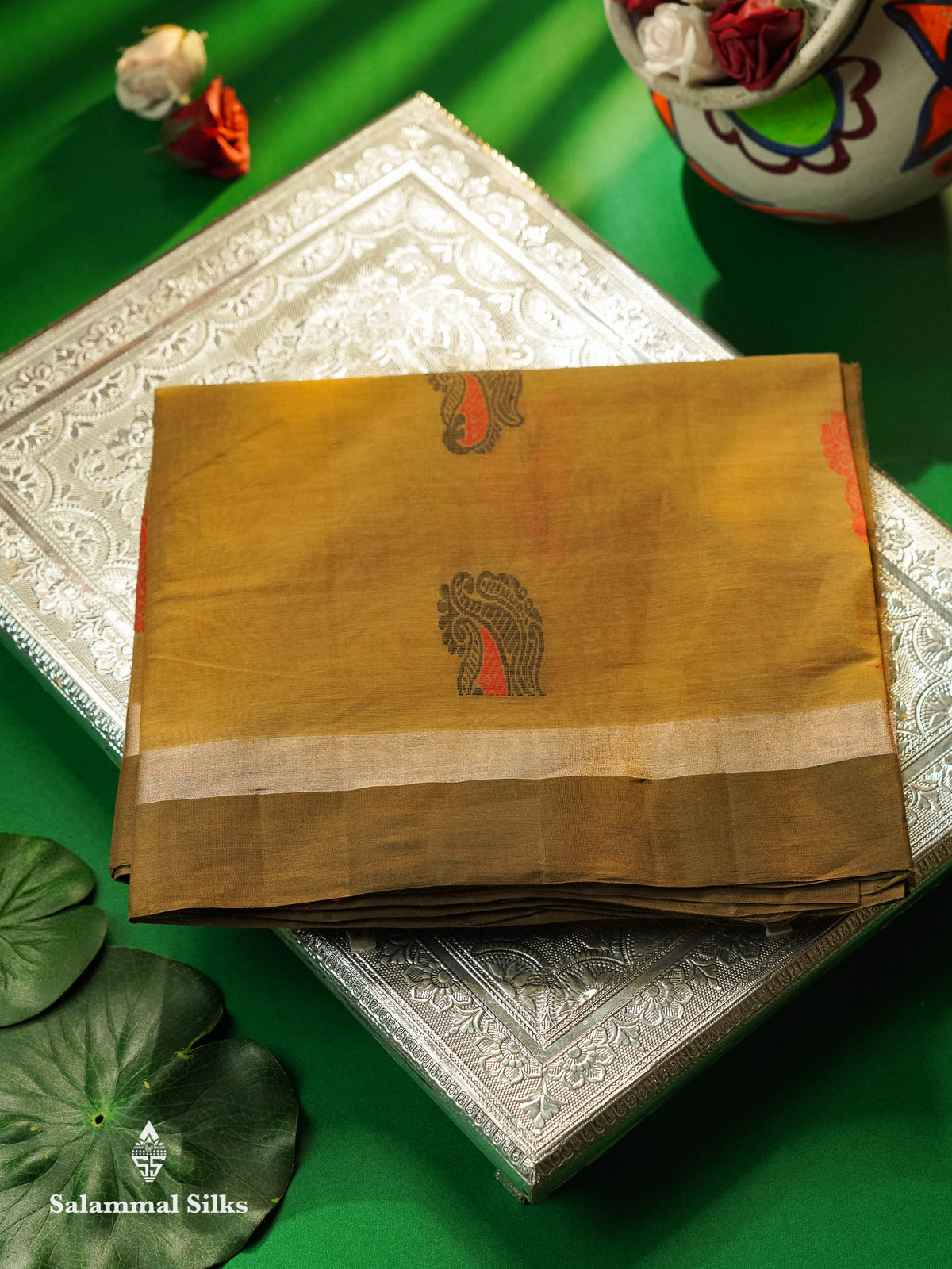 Beautiful Mustard Yellow Thread Buttas Handloom Pure Cotton Saree With Mehandi Green Border