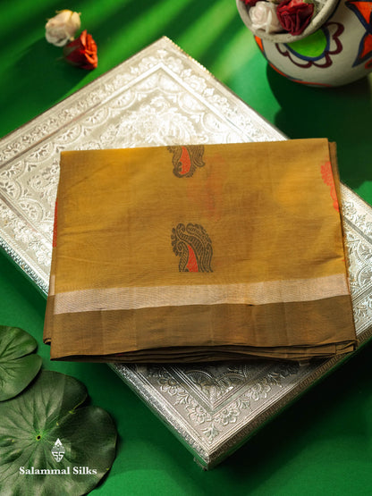Beautiful Mustard Yellow Thread Buttas Handloom Pure Cotton Saree With Mehandi Green Border