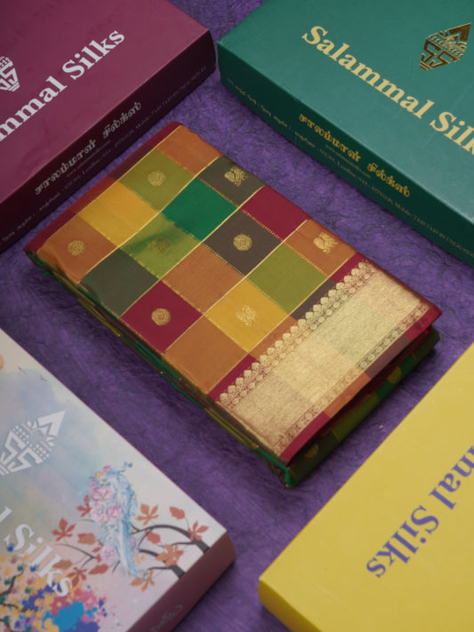 Paalum Pazham Zari Checks Pure Kanjivaram Silk Saree With Traditional Border