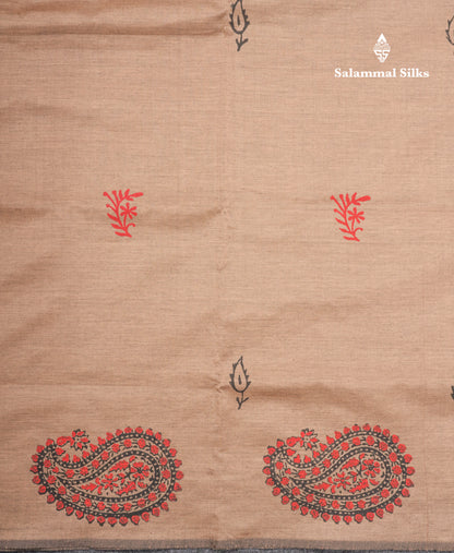 Sandal South Cotton Printed Saree With Contrast Maroon Blouse
