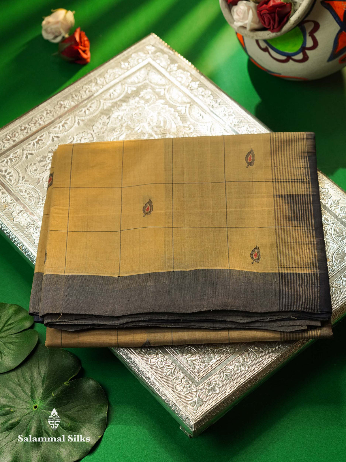 Beautiful Sandal Thread Buttas And Checks Handloom Pure Cotton Saree With Navy Blue Border
