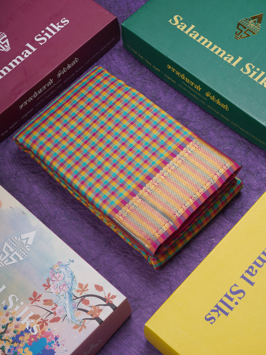 MultiColour Tiny Checks Pure Kanjivaram Silk Saree With Traditional Border