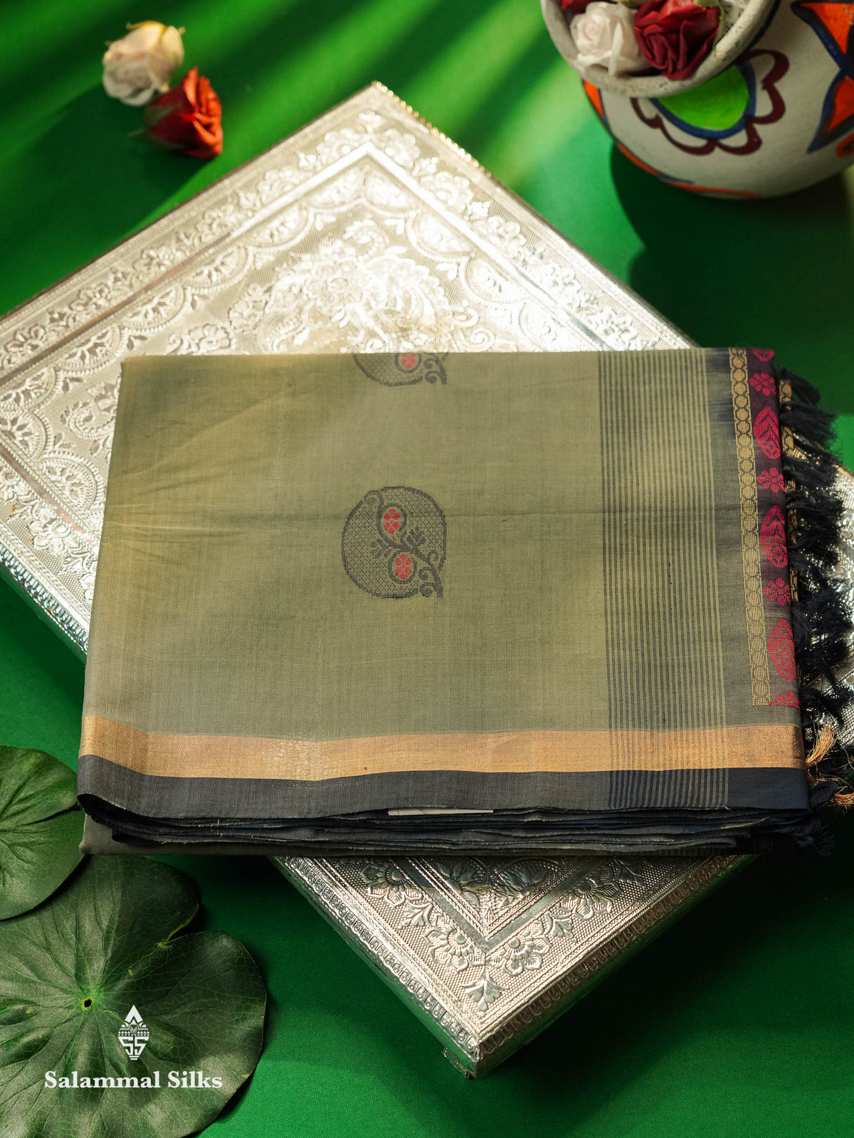 Beautiful Light Grey Thread Buttas Handloom Pure Cotton Saree With Navy Blue Small Border