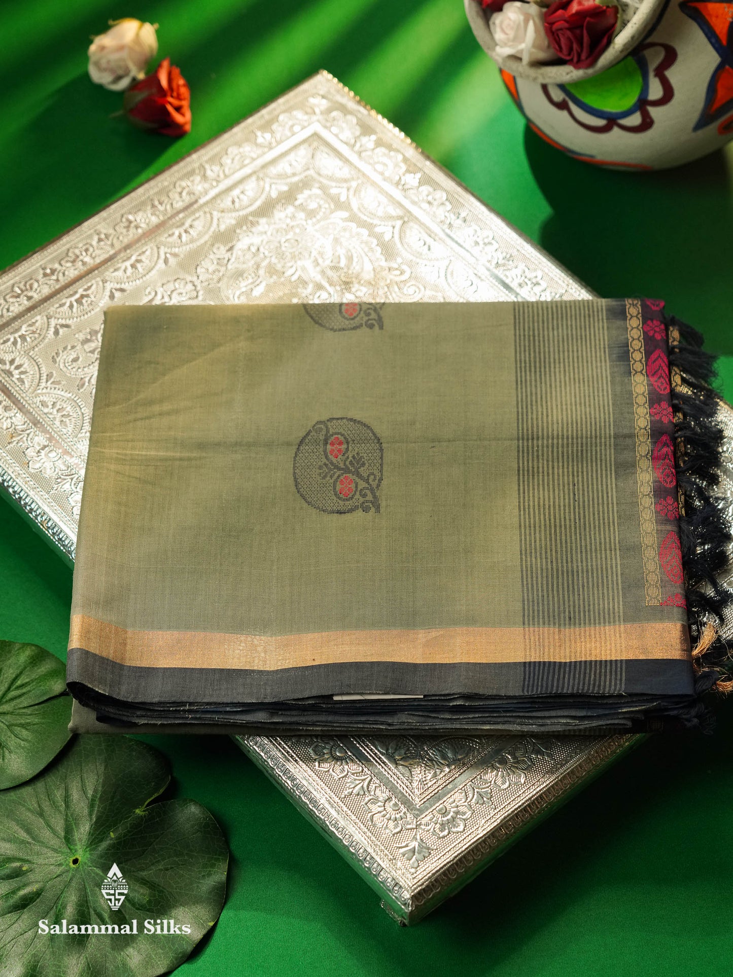 Beautiful Light Grey Thread Buttas Handloom Pure Cotton Saree With Navy Blue Small Border