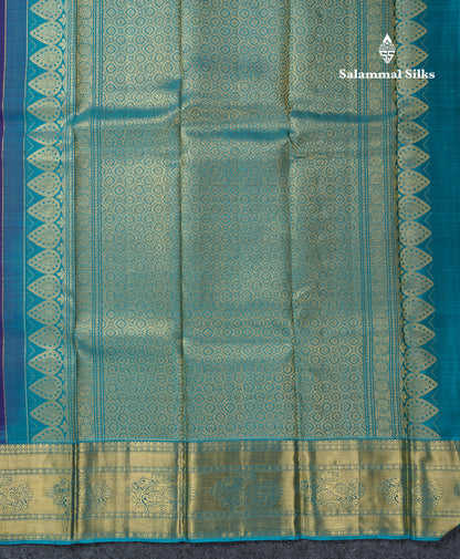 Beautiful Dual Tone Violet Pure Kanjivaram Silk Saree With Contrast Ramar Blue Traditional Evening Morning Border