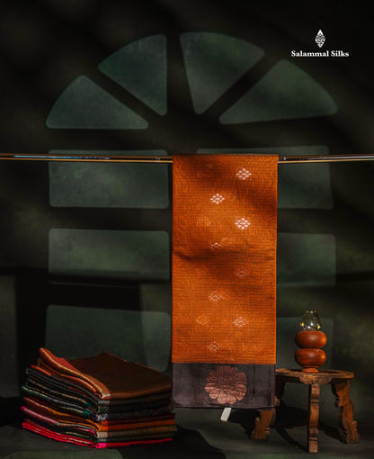 Beautiful Brown Copper Zari Butta Kota Cotton Saree With Contrast Dark Brown Border