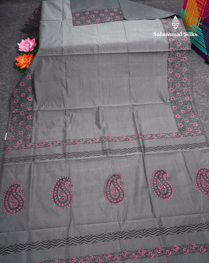 Grey South Cotton Printed Saree With Contrast Sandal Blouse