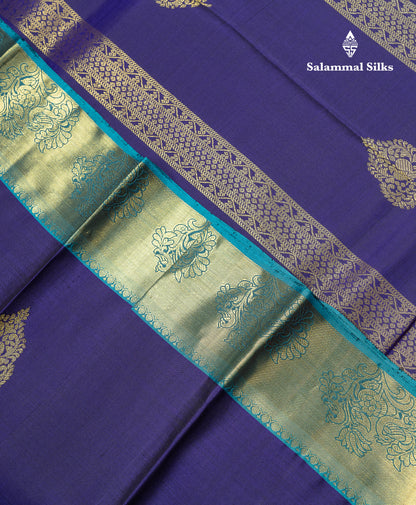 Beautiful Dual Tone Violet Pure Kanjivaram Silk Saree With Contrast Ramar Blue Traditional Evening Morning Border