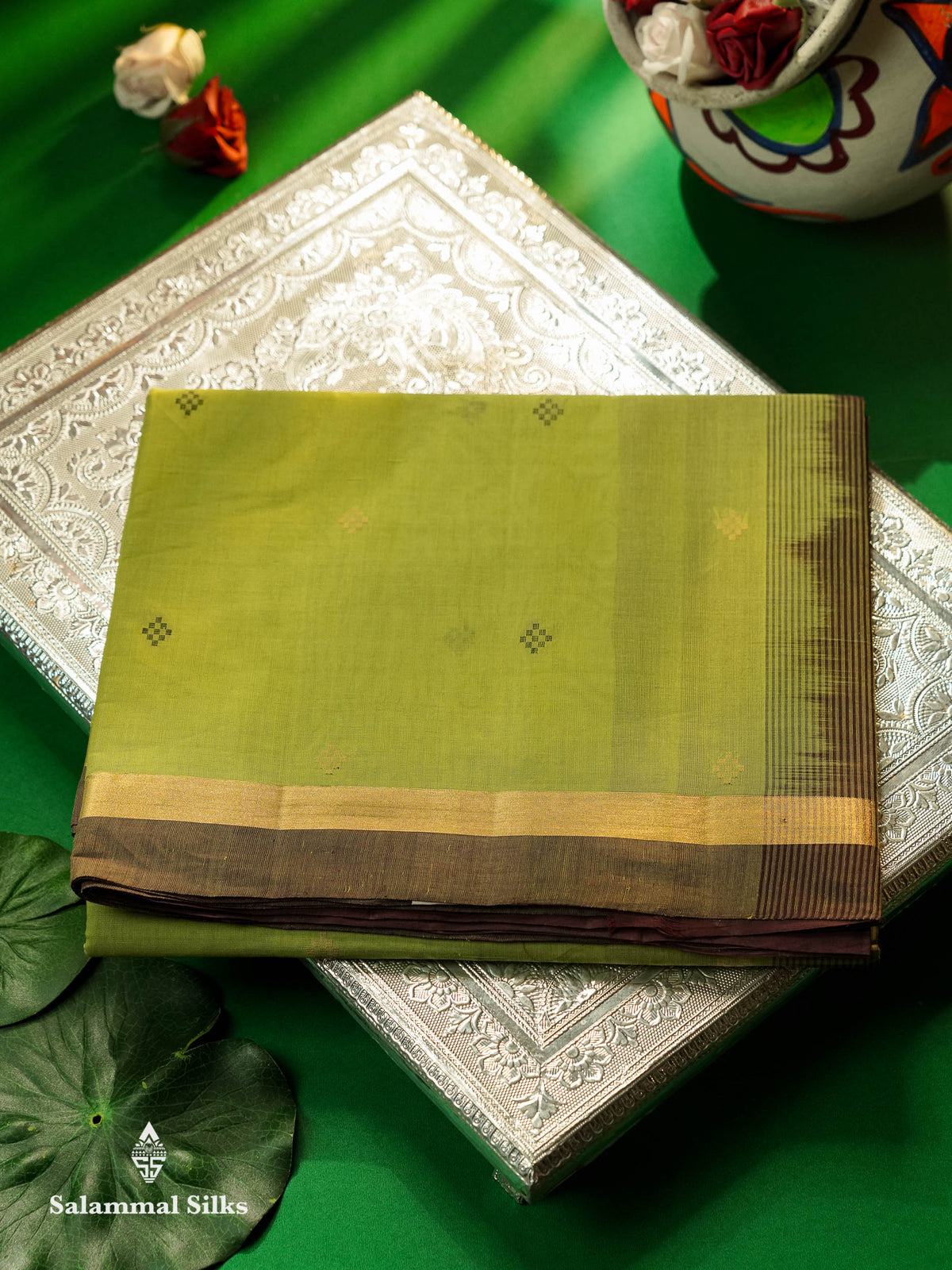 Beautiful Parrot Green Thread Buttas Handloom Pure Cotton Saree With Brown Small Border