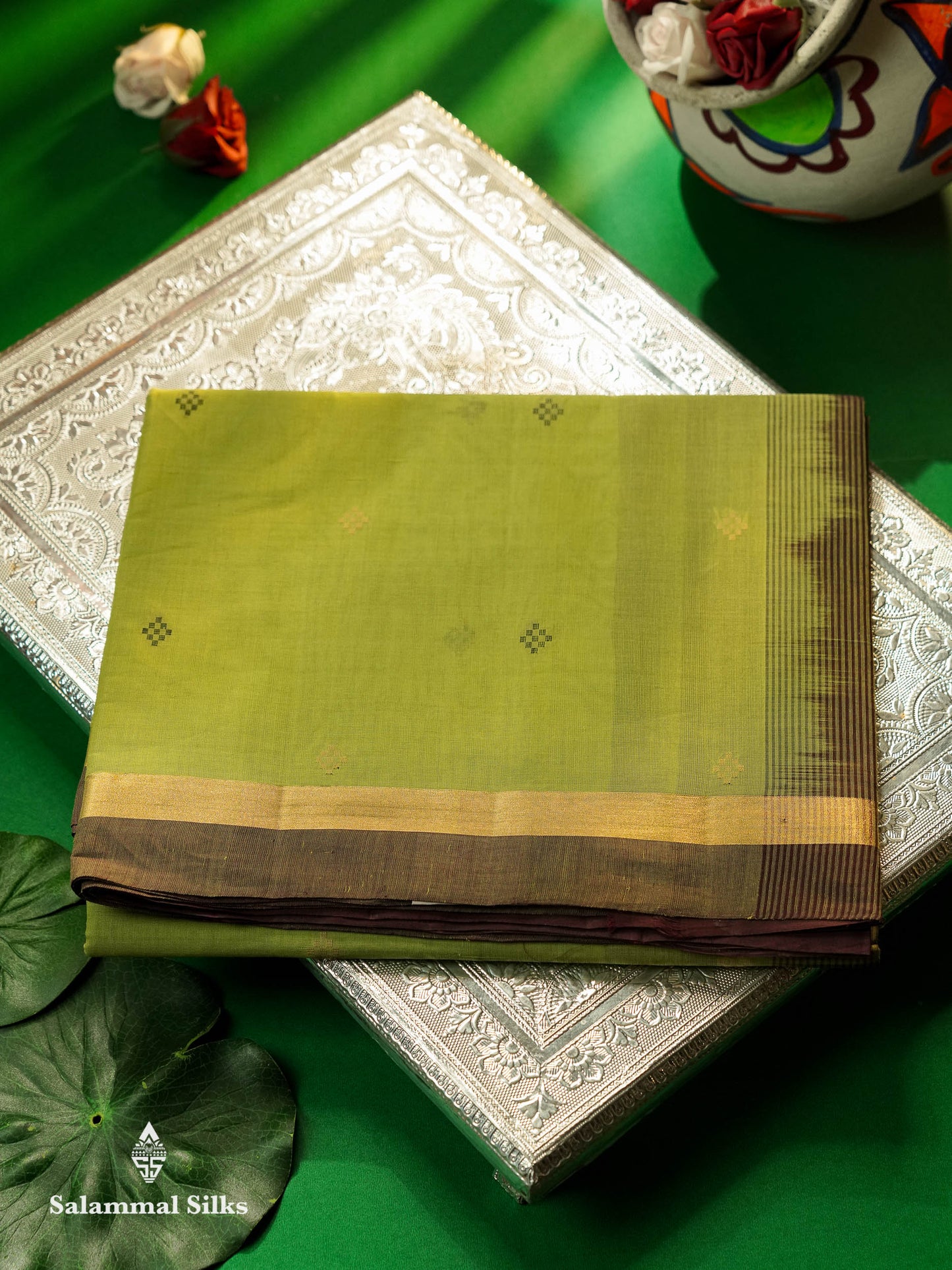 Beautiful Parrot Green Thread Buttas Handloom Pure Cotton Saree With Brown Small Border