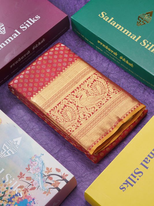 Beautiful Red Bridal Pure Kanjivaram Silk Saree With Traditional Self Border