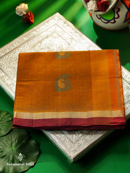 Beautiful Mustard Yellow Thread Buttas Handloom Pure Cotton Saree With Maroon Small Border