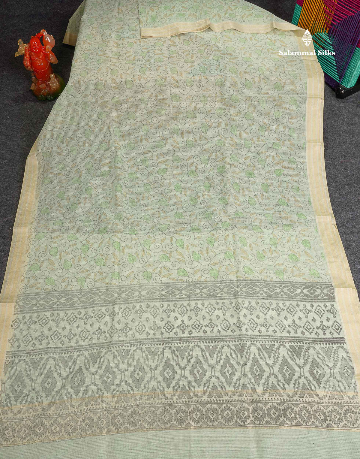 Kota Cotton Fancy Saree - Pista Green Colour Body Floral Design With Fancy Border