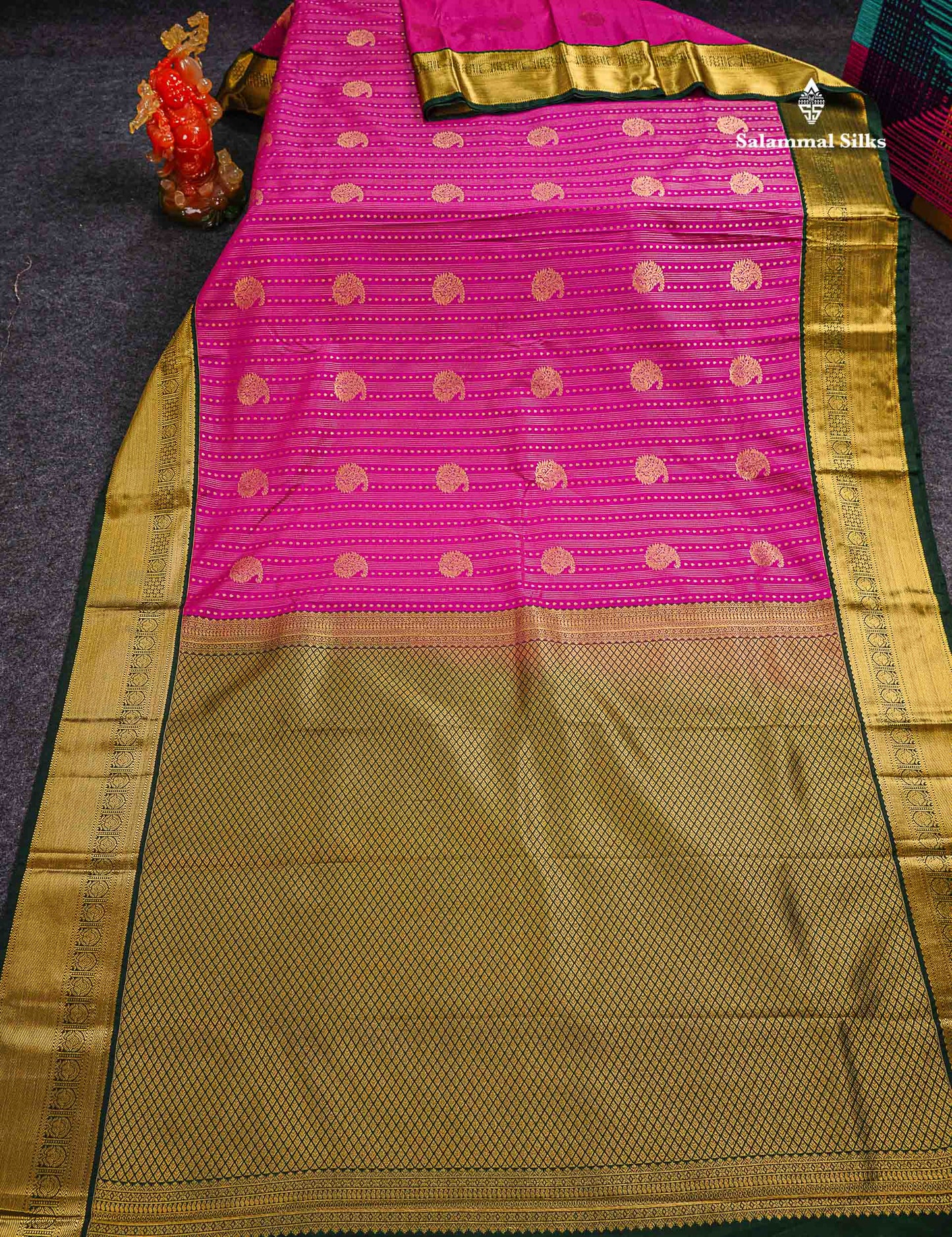 Semi Silk Saree -  Rani Pink Mango Butta With Lines Along With Contrast Bottle Green Border