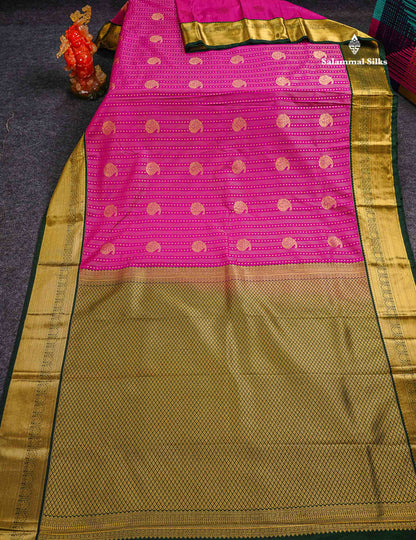 Semi Silk Saree -  Rani Pink Mango Butta With Lines Along With Contrast Bottle Green Border