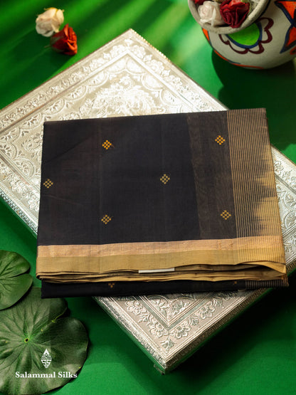 Beautiful Navy Blue Thread Buttas Handloom Pure Cotton Saree With Beige Border