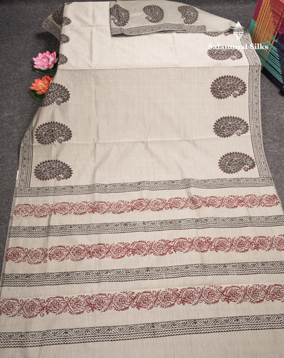 Grey White South Cotton Printed Saree With Contrast Sandal Blouse