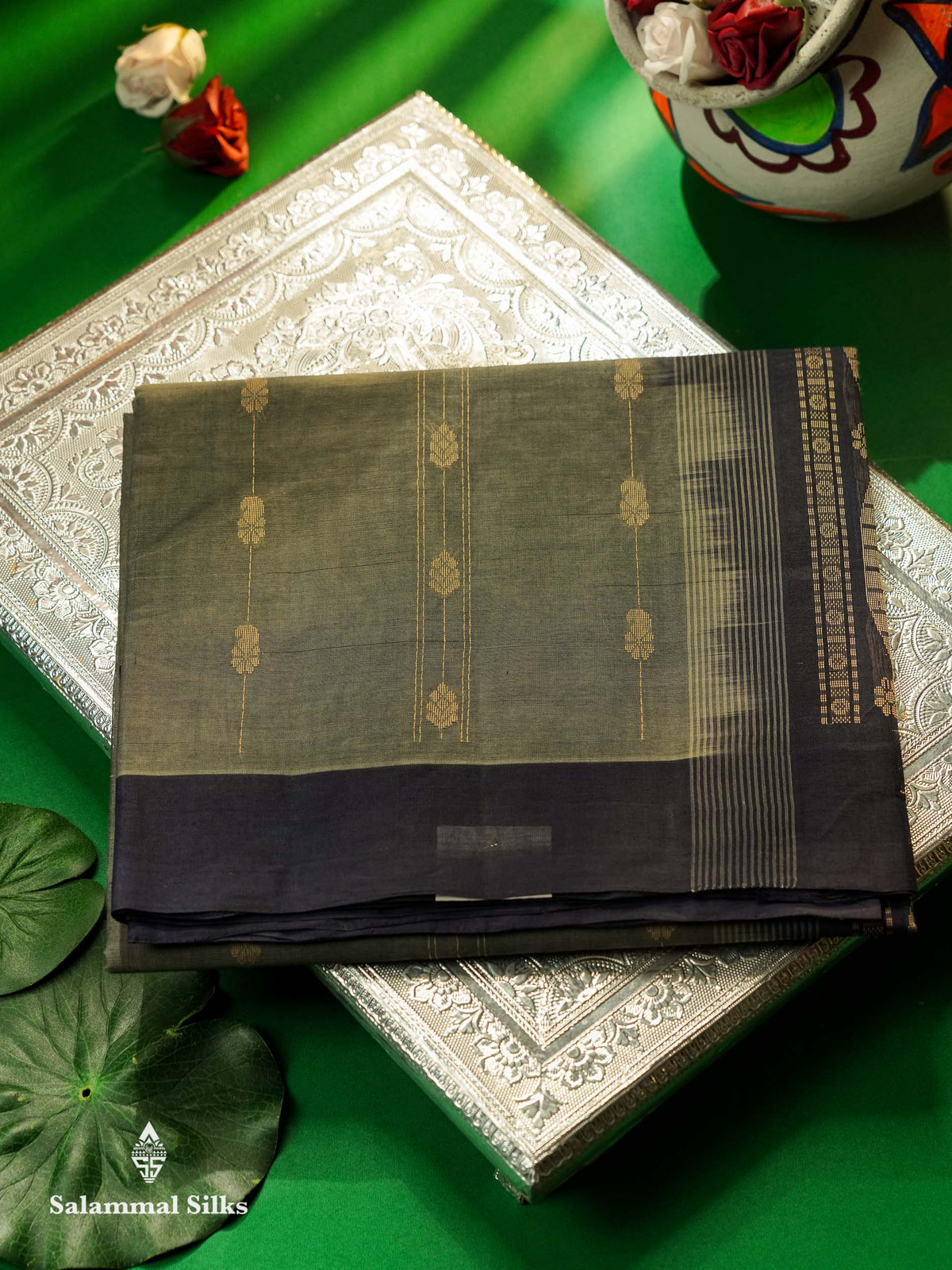 Beautiful Grey Thread Buttas Handloom Pure Cotton Saree With Navy Blue Border