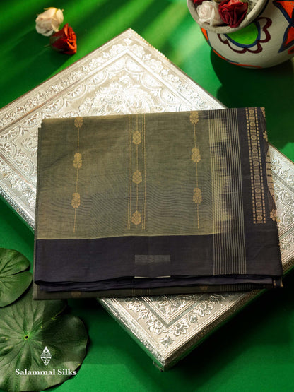 Beautiful Grey Thread Buttas Handloom Pure Cotton Saree With Navy Blue Border